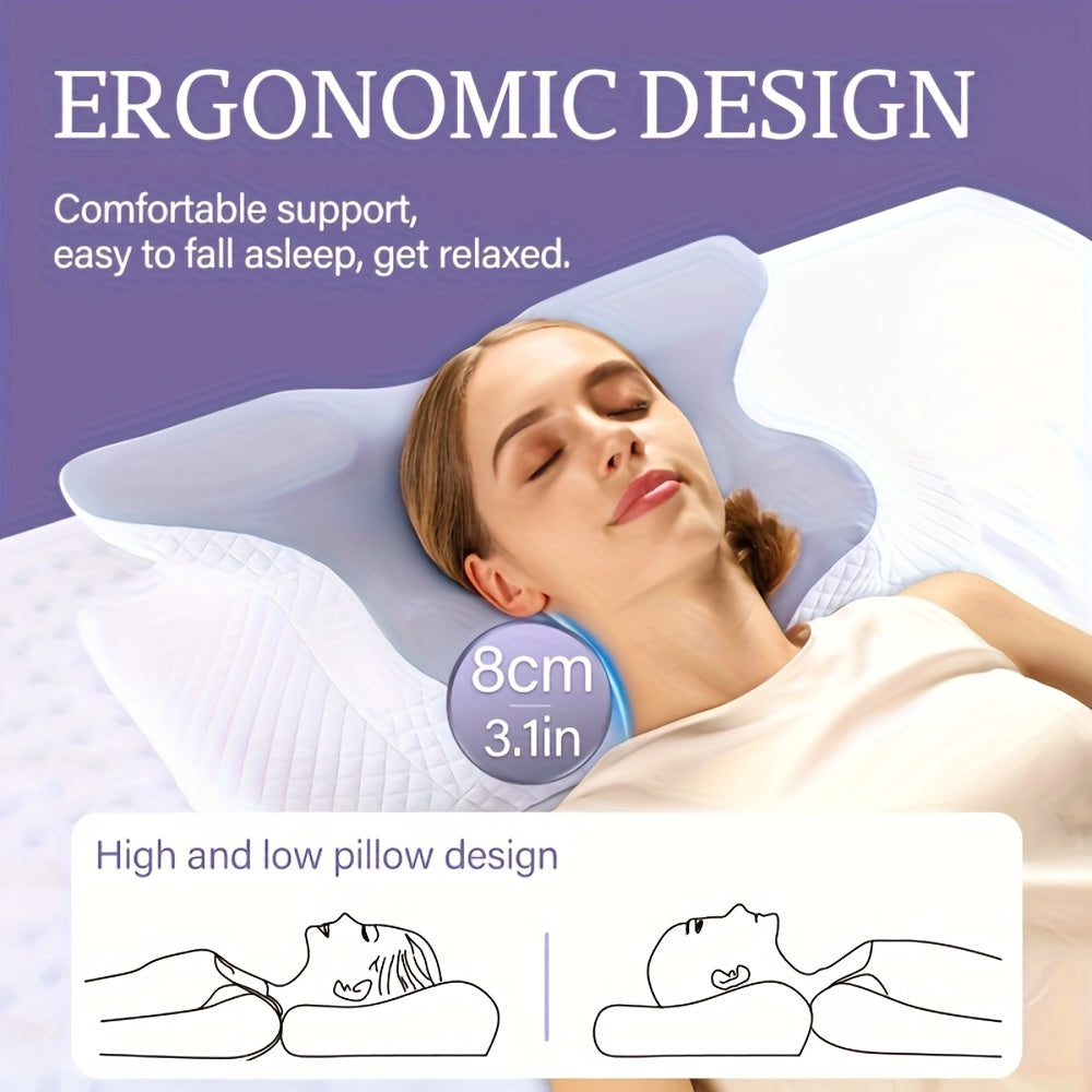 1pc Ergonomic Butterfly-Shaped Pillow - Slow Rebound Cervical Support, Sleep Relaxation Pillow for Back & Side Sleepers, Spine Alignment, Hypoallergenic, Machine Washable Cover, White