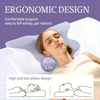 1pc Ergonomic Butterfly-Shaped Pillow - Slow Rebound Cervical Support, Sleep Relaxation Pillow for Back & Side Sleepers, Spine Alignment, Hypoallergenic, Machine Washable Cover, White