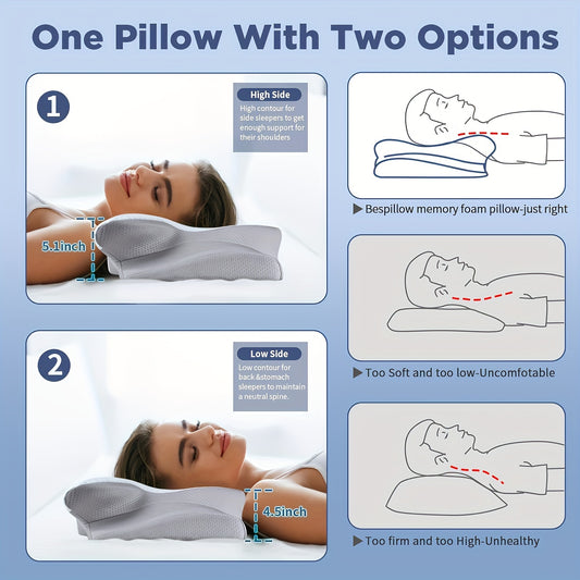 1pc Ergonomic Pillow, Hypoallergenic Neck Support for Pain Relief, Medium Soft Orthopedic Cervical Pillow with Removable Cover for Side, Back & Stomach Sleepers, Machine Washable - Blue