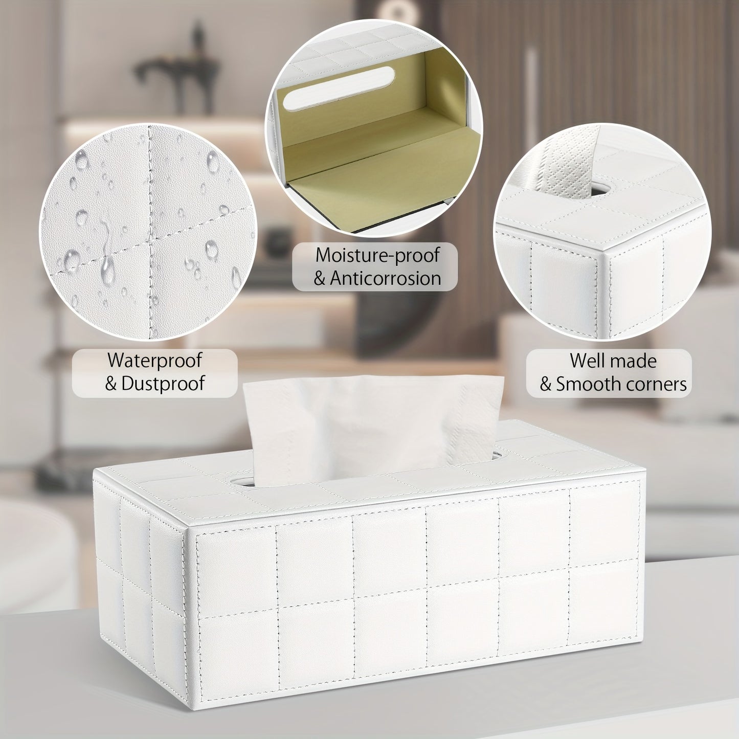 White Grid Wooden Tissue Box Holder, Magnetic Lock, Easy to Use, Home & Car Desk Tissue Storage, Bedroom, Living Room, Kitchen Gadget, Christmas Decor
