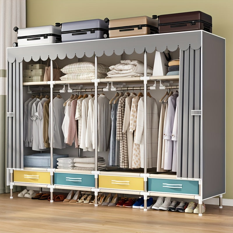 Simple Wardrobe with Drawers, Durable and Durable, Thickened, All-Steel Frame, Cloth Wardrobe, Storage for Rental Houses