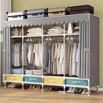 Simple Wardrobe with Drawers, Durable and Durable, Thickened, All-Steel Frame, Cloth Wardrobe, Storage for Rental Houses