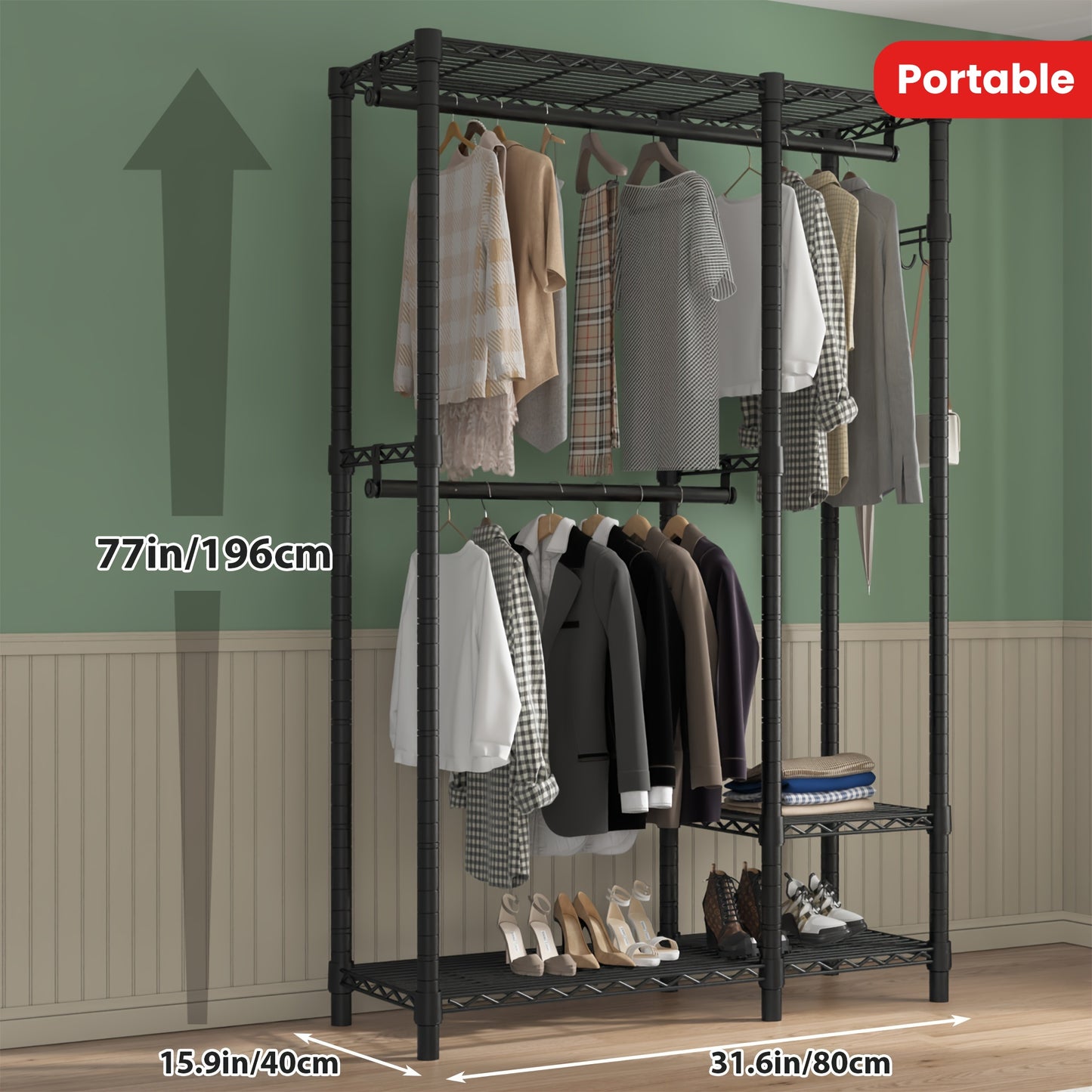 Heavy Duty Closet Clothes Rack Heavy Duty 500LBS Portable Closet Clothes Rack - Freestanding Wadrobe Closet Wire Garment Rack, Black