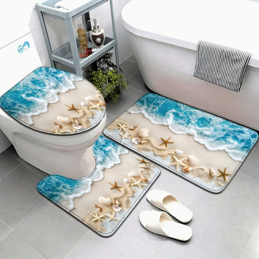Beach Starfish Pattern Mat Set 3pcs Ocean Series Bathroom Mat Set - Fade Resistant, Woven, 580gsm Flannel Polyester - Includes Toilet Lid Cover, Seat, U-Shaped Foot Rug Beach Starfish Pattern