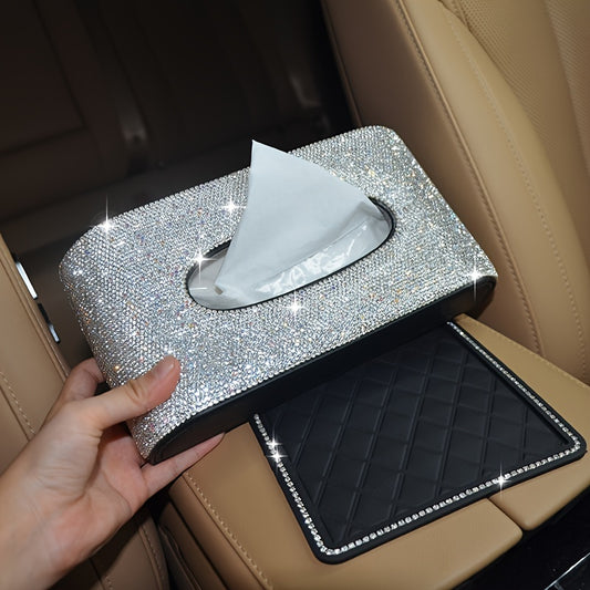 2pcs-Glittering Car Tissue Box Home Use Tissue Box Artificial Diamond Inlay Interior Supplies, Car Dashboard Anti-slip Mat. Kitchen, Office, Bathroom, Desktop, Bedroom Vanity Special Tissue Box