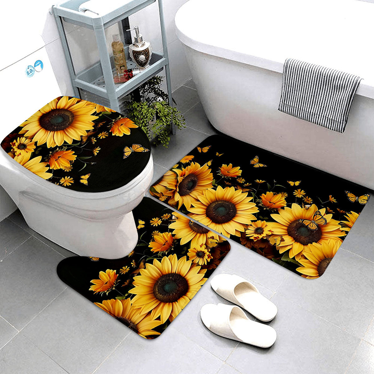 3pcs Sunflower & Butterfly Bathroom Rug Set - Thick, Non-Slip, Soft & Easy to Clean - Includes Bath Mat, Contour Pad & Toilet Lid Cover