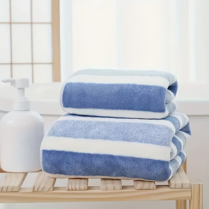 2pcs\u002Fset Ultra-Soft Striped Towel Set | 1 Bath Towel & 1 Hair Towel | Highly Absorbent Polyester | Autumn & Winter Comfort | Home Essentials