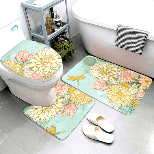 3-Piece Soft & Lightweight Floral Bathroom Rug Set: U-Shaped Toilet Seat Cover, Bath Mat, and Rug - Machine Washable for Bathroom Decor