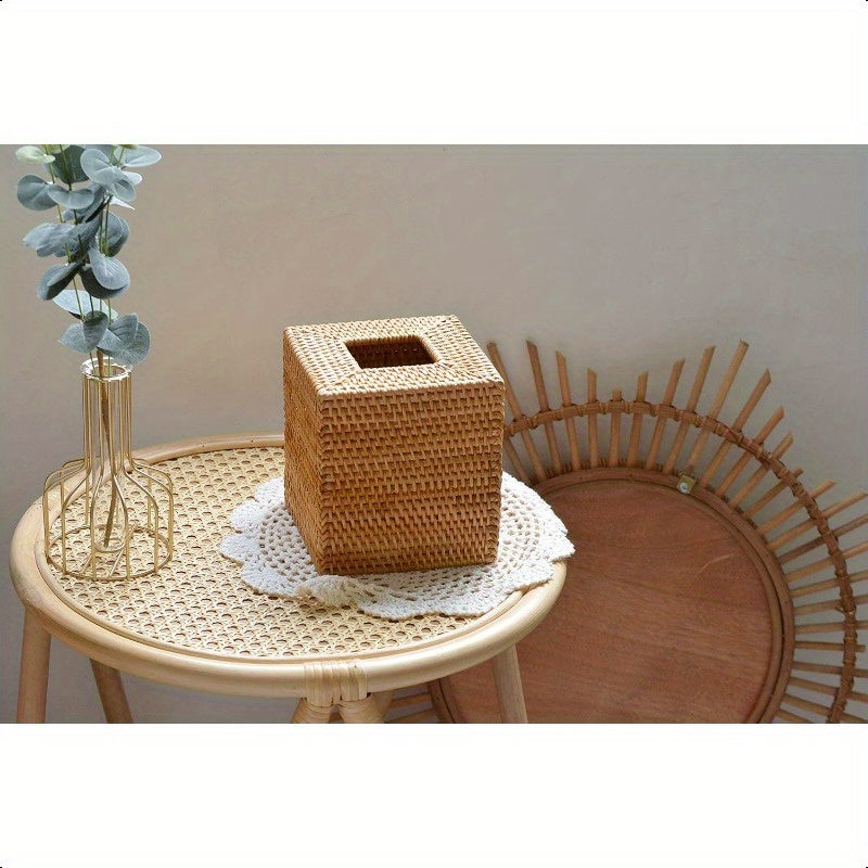 Natural Woven Rattan Tissue Box Cover - Stylish Square Napkin Holder with Lid, 5.5x5.5x5.9 Inch, Perfect for Kitchen & Dining Decor