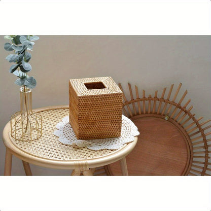 Natural Woven Rattan Tissue Box Cover - Stylish Square Napkin Holder with Lid, 5.5x5.5x5.9 Inch, Perfect for Kitchen & Dining Decor