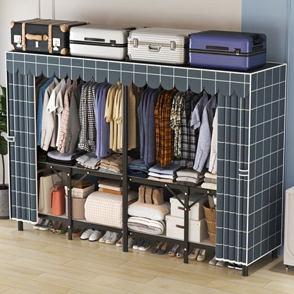 1pc Modern Steel Pipe Wardrobe with Double Curtain Door & Adjustable Rods – Freestanding Folding Storage Cabinet, Grey Metal Frame, 2 Hanging Rods Included, Ideal for Clothes, Shoes & Accessories Organization, Clothes Storage Wardrobe