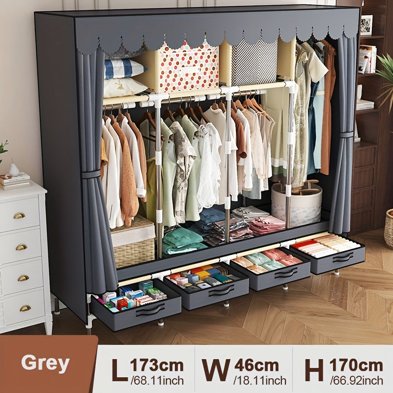 Easy Assembly Dust-Free Storage Closet 1pc Modern Metal Frame Freestanding Wardrobe Closet Organizer with Drawers, Space-Saving Design, Easy Assembly, Dust-Free Storage System, ≥3.2 Cubic Feet Enclosed Storage Capacity, ≥27 Inches Height