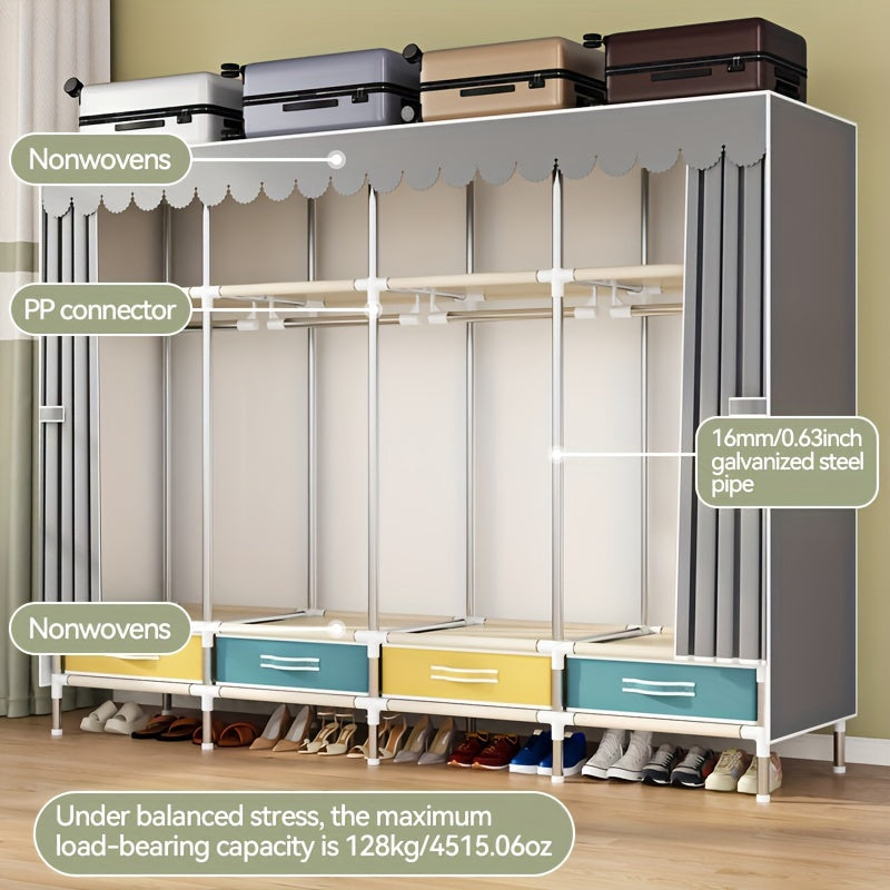 Simple Wardrobe with Drawers, Durable and Durable, Thickened, All-Steel Frame, Cloth Wardrobe, Storage for Rental Houses