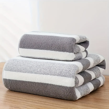 2pcs\u002Fset Ultra-Soft Striped Towel Set | 1 Bath Towel & 1 Hair Towel | Highly Absorbent Polyester | Autumn & Winter Comfort | Home Essentials