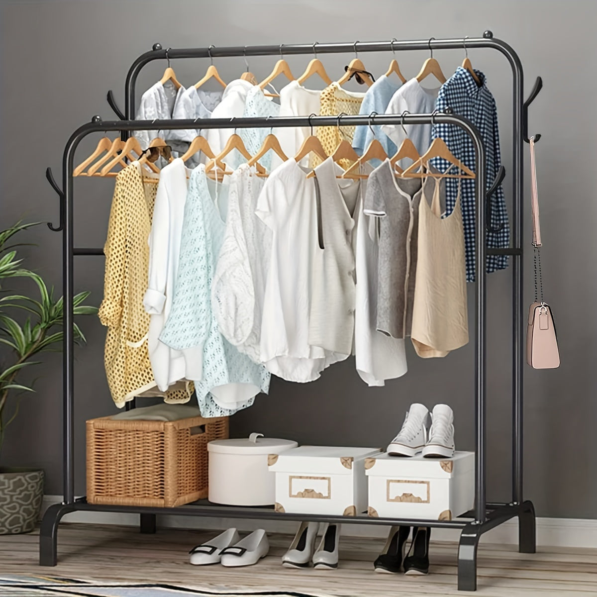 Stainless Steel Closet Organizer 1pc Multifunctional Stainless Steel Clothes Rack - Easy-to-Assemble Wardrobe Organizer with Shoe Storage Shelf, Space-Saving Design