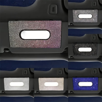 1pc Car Diamond Tissue Box, Car Sunshade Tissue Box, Flash Rhinestone Tissue Bag, Artificial Crystal Tissue Box.