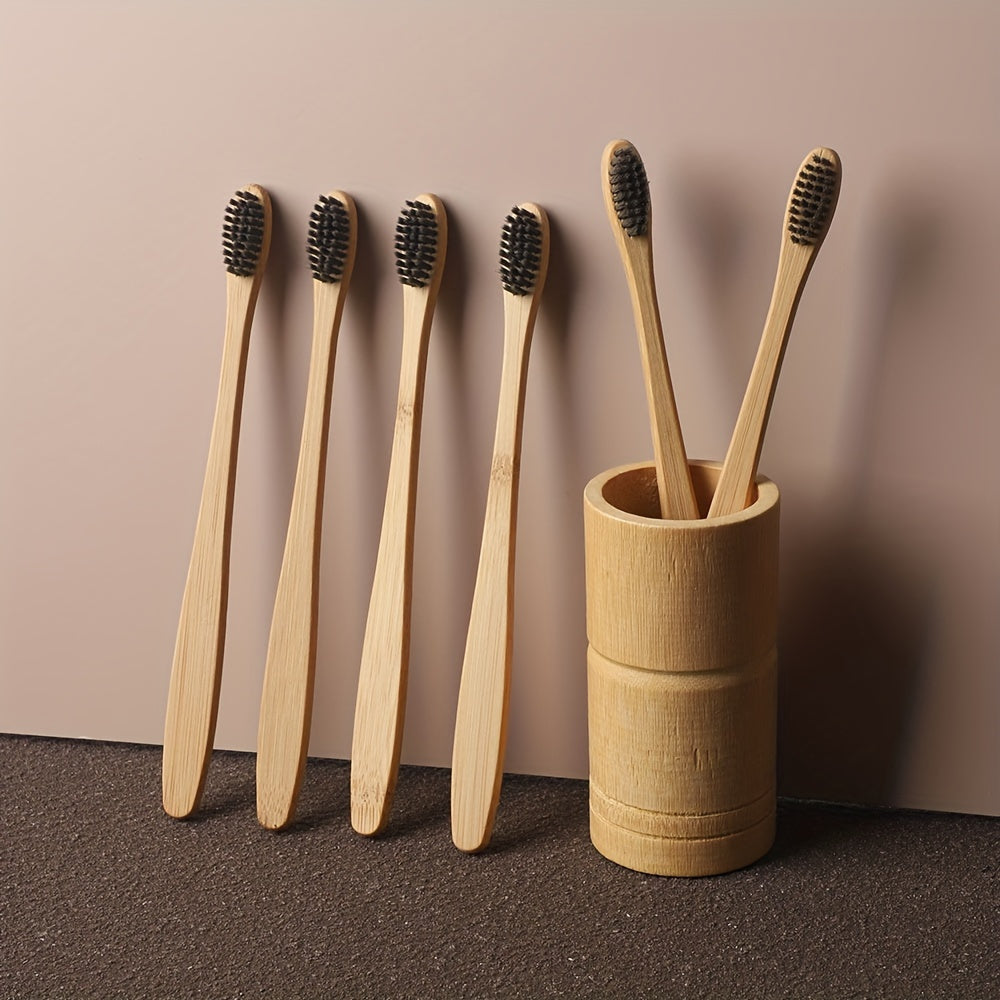 6pcs Bamboo Toothbrushes with Soft Nylon Bristles, Manual Wooden Handle for Sensitive Gums, Deep Cleaning Oral Care, High-Quality & Odorless, Includes Natural Wooden Holder for Daily Use, Toothbrush Holder