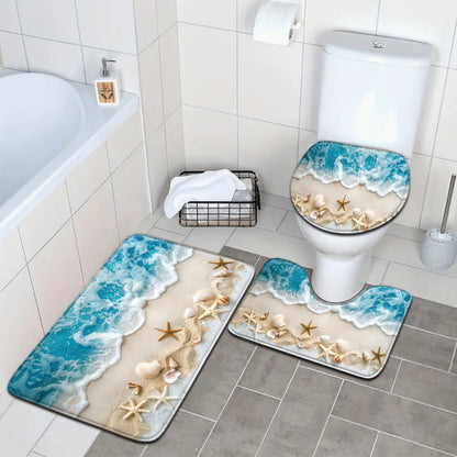 Beach Starfish Pattern Mat Set 3pcs Ocean Series Bathroom Mat Set - Fade Resistant, Woven, 580gsm Flannel Polyester - Includes Toilet Lid Cover, Seat, U-Shaped Foot Rug Beach Starfish Pattern
