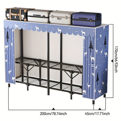 1pc Modern Steel Pipe Wardrobe with Double Curtain Door & Adjustable Rods – Freestanding Folding Storage Cabinet, Grey Metal Frame, 2 Hanging Rods Included, Ideal for Clothes, Shoes & Accessories Organization, Clothes Storage Wardrobe
