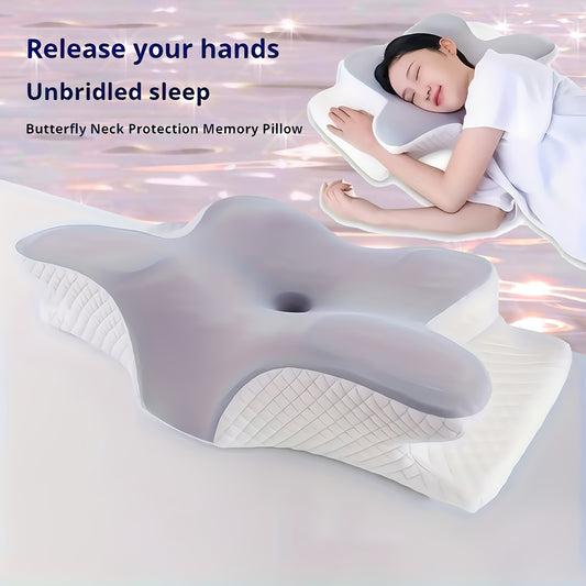 1pc Ergonomic Butterfly-Shaped Pillow - Slow Rebound Cervical Support, Sleep Relaxation Pillow for Back & Side Sleepers, Spine Alignment, Hypoallergenic, Machine Washable Cover, White