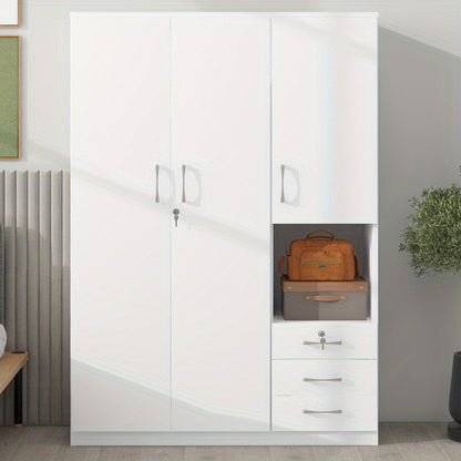 Modern White 2-Door Wooden Wardrobe with Shees, 3 Drawers & Open Compartments – Stylish Bedroom Storage Solution for Clothes, Shoes & Accessories, Shoe Storage Wardrobe | Functional Storage | Engineered Wood Wardrobe