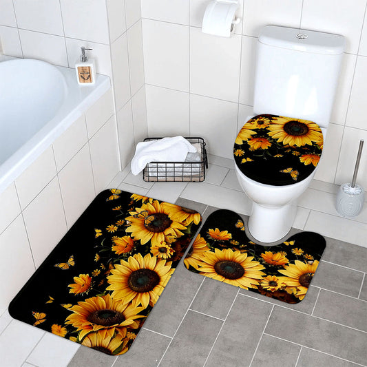 3pcs Sunflower & Butterfly Bathroom Rug Set - Thick, Non-Slip, Soft & Easy to Clean - Includes Bath Mat, Contour Pad & Toilet Lid Cover