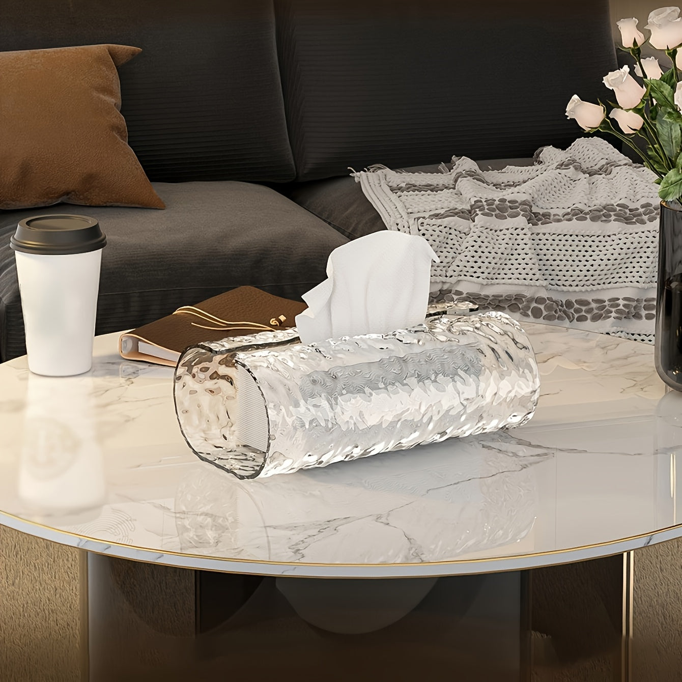 1pc elegant oval corrugated texture tissue box cover, sparkling tissue box, suitable for bathroom, dressing table tissue dispenser, high-end living room desktop decoration, simple and luxurious coffee table tissue storage