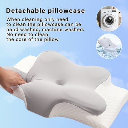 1pc Ergonomic Butterfly-Shaped Pillow - Slow Rebound Cervical Support, Sleep Relaxation Pillow for Back & Side Sleepers, Spine Alignment, Hypoallergenic, Machine Washable Cover, White