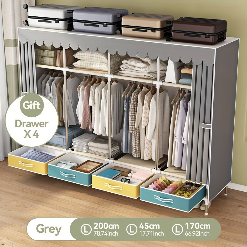 Simple Wardrobe with Drawers, Durable and Durable, Thickened, All-Steel Frame, Cloth Wardrobe, Storage for Rental Houses
