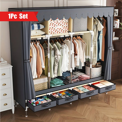 Easy Assembly Dust-Free Storage Closet 1pc Modern Metal Frame Freestanding Wardrobe Closet Organizer with Drawers, Space-Saving Design, Easy Assembly, Dust-Free Storage System, ≥3.2 Cubic Feet Enclosed Storage Capacity, ≥27 Inches Height