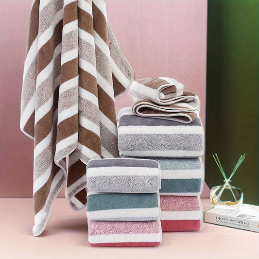 2pcs Striped Luxury Bath Towel Set, Super Soft, Quick Dry, Unscented, Super Absorbent, Gentle on Skin, Fashionable Multi-color Design, for Home and Spa Use, Relaxed-textured-hair, Normal Hair