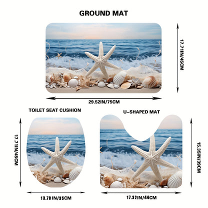 3-Piece Polyester Ocean Coastal Starfish Beach Bath Rugs Set - Machine Washable, Low Pile, Ground Mat, Toilet Seat Cushion, and U-Shaped Mat