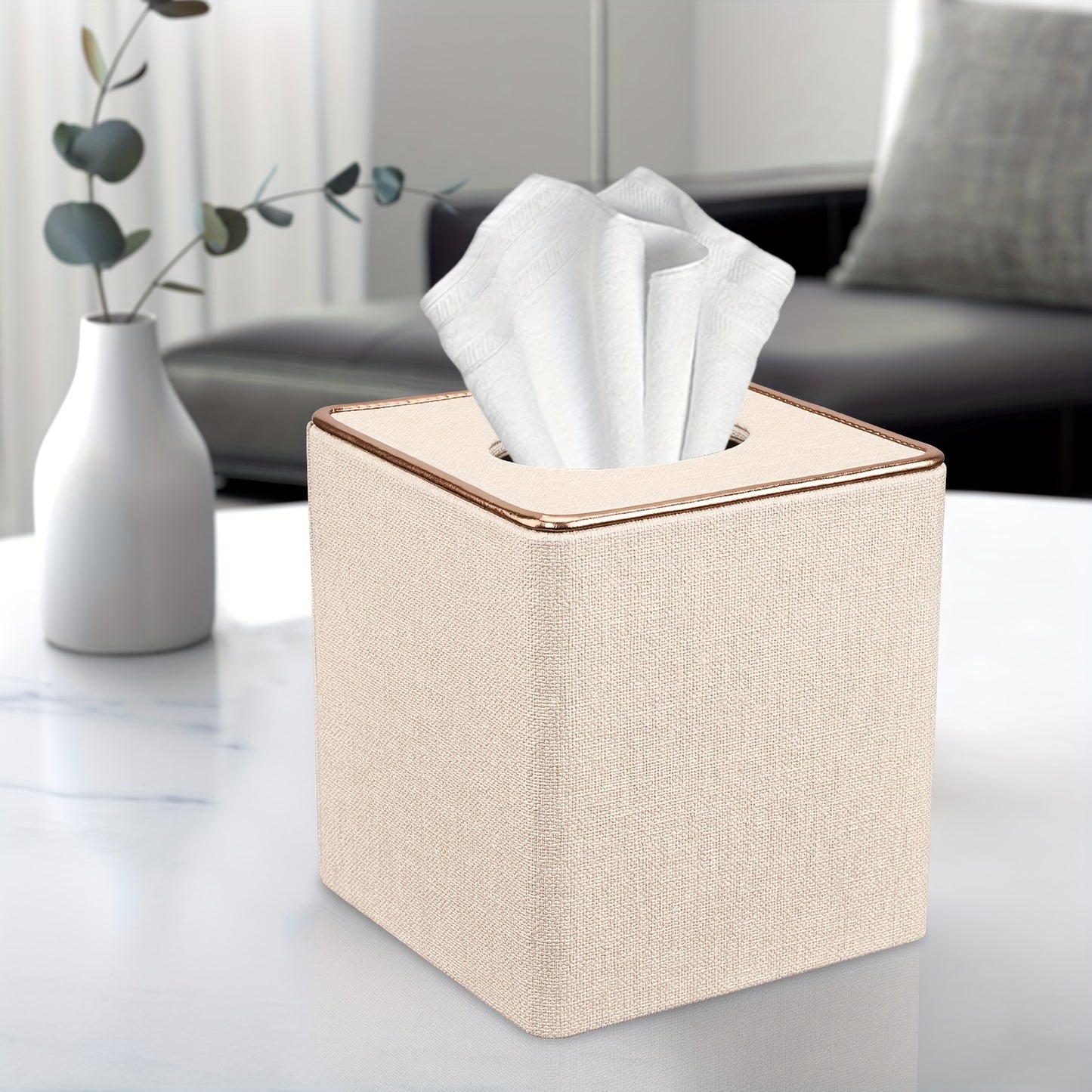 1pc Luxury Golden Edge Square Pearl White Tissue Box Holder - PU Leather Draw Paper Cartridge for Home, Office, and Car - Elegant Design, Easy to Use, and Space-Saving