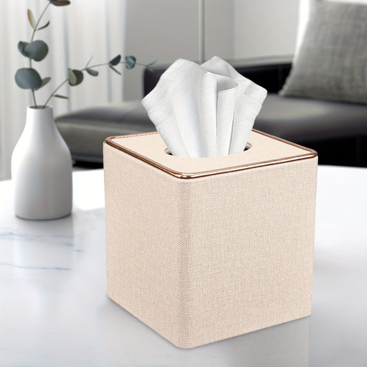 1pc Luxury Golden Edge Square Pearl White Tissue Box Holder - PU Leather Draw Paper Cartridge for Home, Office, and Car - Elegant Design, Easy to Use, and Space-Saving