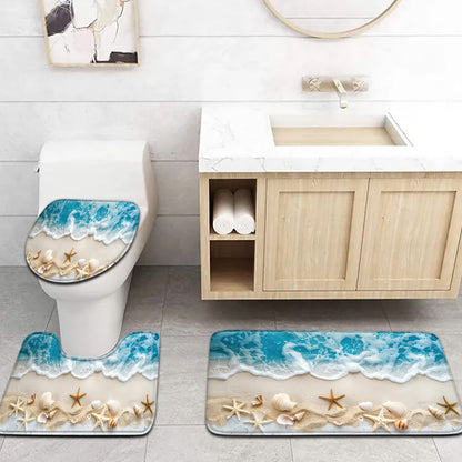 Beach Starfish Pattern Mat Set 3pcs Ocean Series Bathroom Mat Set - Fade Resistant, Woven, 580gsm Flannel Polyester - Includes Toilet Lid Cover, Seat, U-Shaped Foot Rug Beach Starfish Pattern
