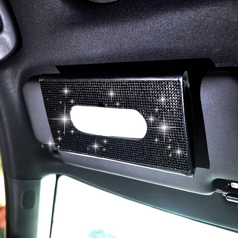 1pc Car Diamond Tissue Box, Car Sunshade Tissue Box, Flash Rhinestone Tissue Bag, Artificial Crystal Tissue Box.