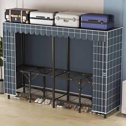 1pc Modern Steel Pipe Wardrobe with Double Curtain Door & Adjustable Rods – Freestanding Folding Storage Cabinet, Grey Metal Frame, 2 Hanging Rods Included, Ideal for Clothes, Shoes & Accessories Organization, Clothes Storage Wardrobe