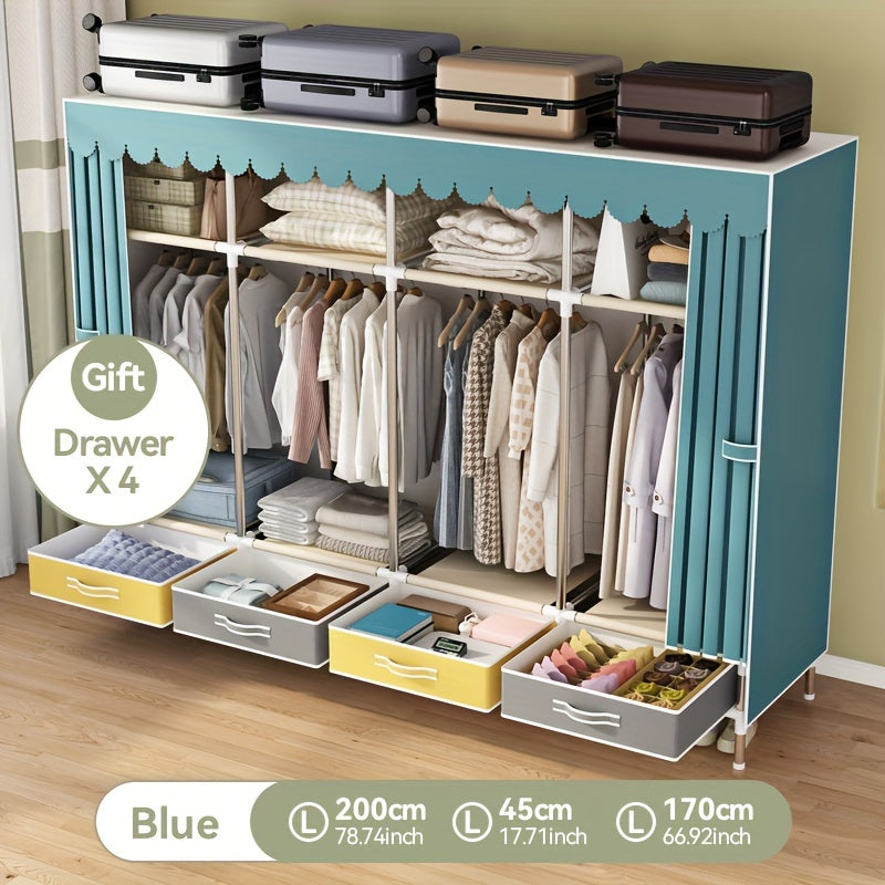 Simple Wardrobe with Drawers, Durable and Durable, Thickened, All-Steel Frame, Cloth Wardrobe, Storage for Rental Houses