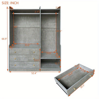 Modern Gray Wooden Wardrobe Organizer with Dual Hanging Rods, 5 Versatile Shelves & 3 Spacious Drawers – Stylish Bedroom Storage Solution for Clothes & Accessories