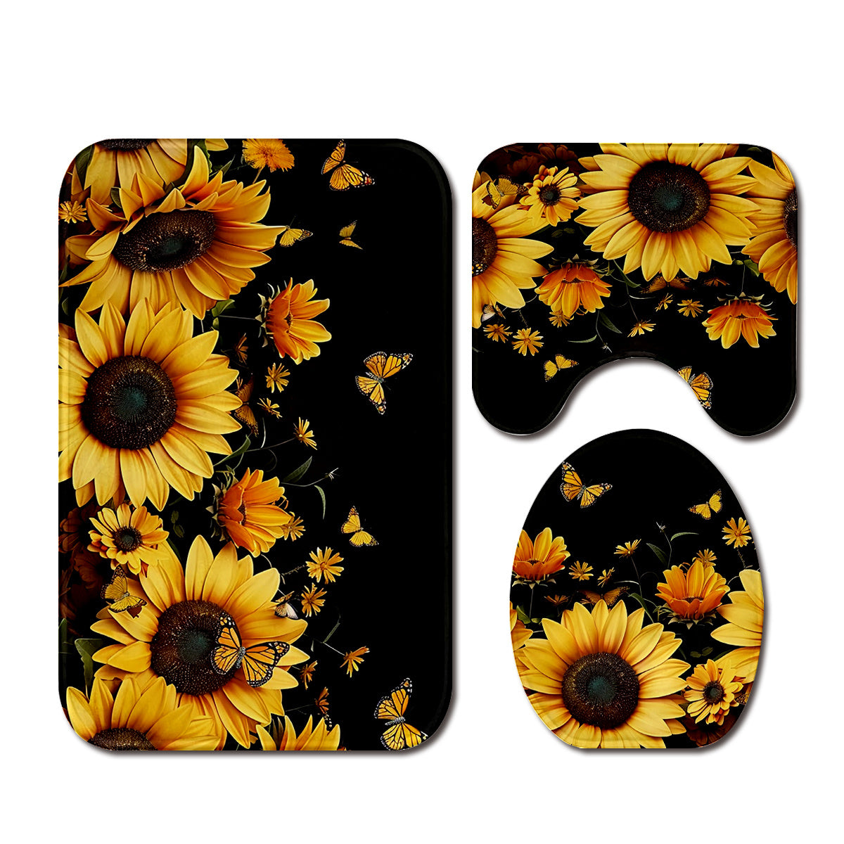 3pcs Sunflower & Butterfly Bathroom Rug Set - Thick, Non-Slip, Soft & Easy to Clean - Includes Bath Mat, Contour Pad & Toilet Lid Cover
