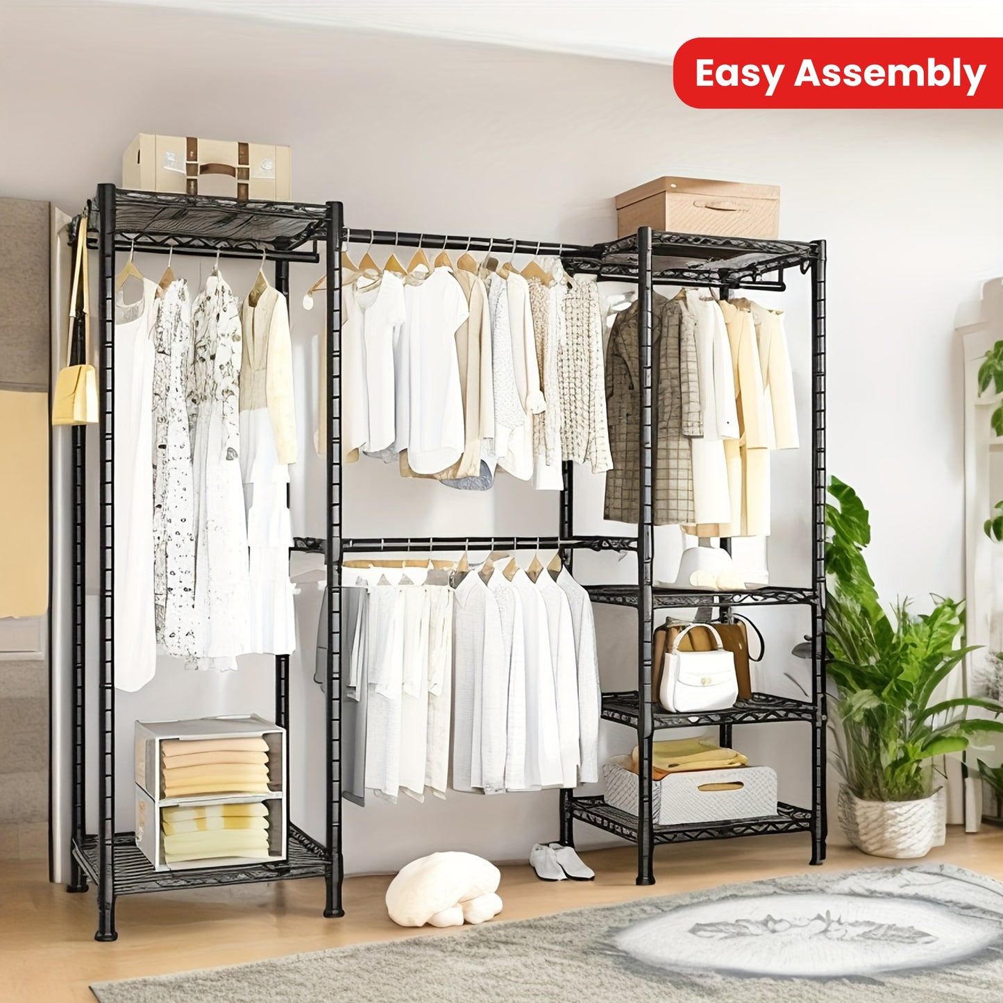 Heavy-Duty Closet Garment Rack, 6-Tier Adjustable Metal Freestanding Wardrobe With Expandable Clothing Storage, 4 Hanging Rods, And Easy Assembly For Bedroom, Laundry Room, Walk-In Closet, Or Retail Display
