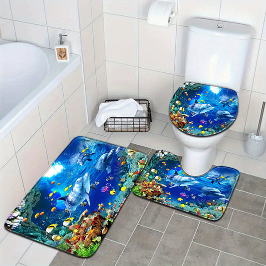 Open 3pcs Underwater World Series Colorful Jellyfish Dolphin Pattern Bathroom Mat Set Toilet Seat Ring U-shaped Foot Pad
